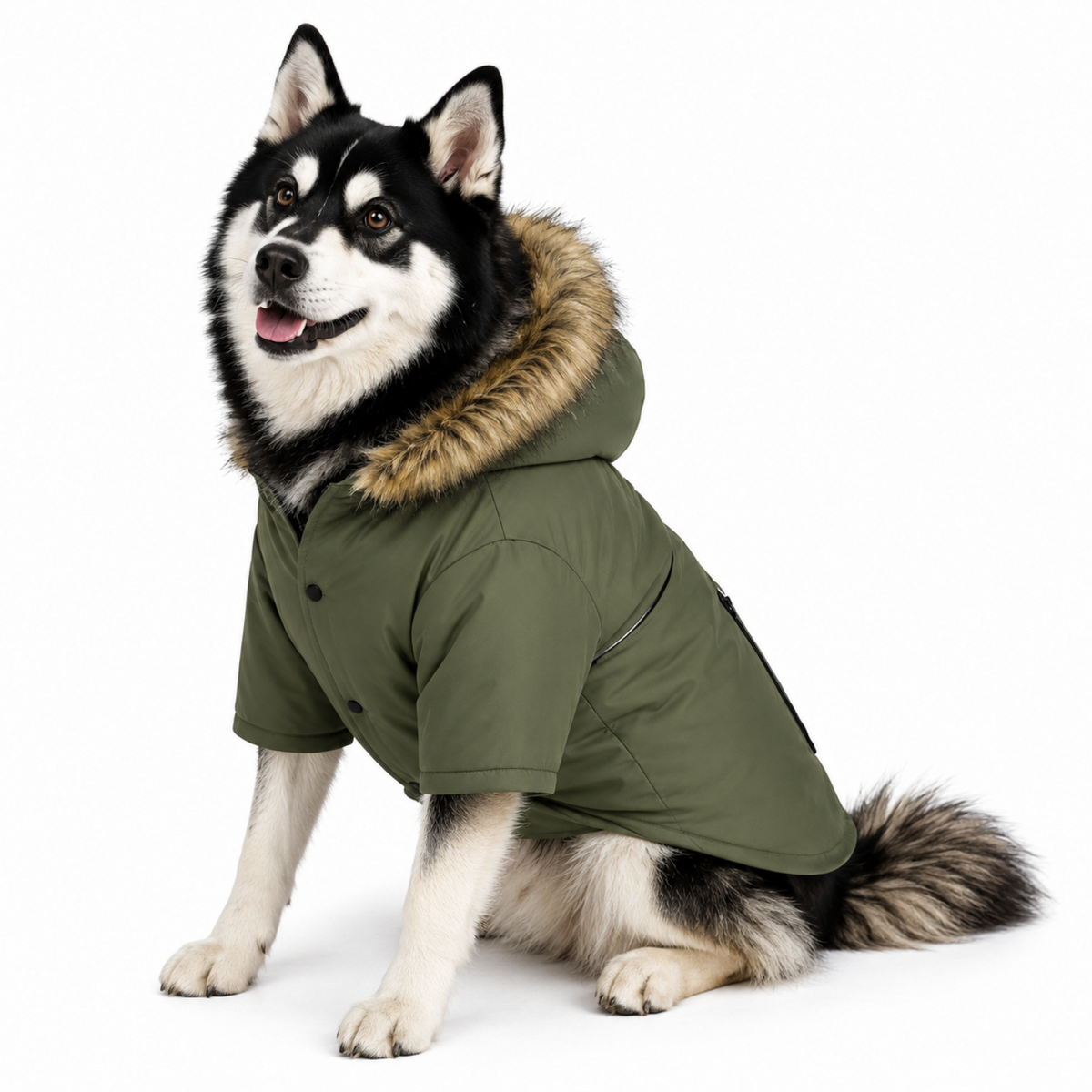 A black and white Alaskan Malamute dog wearing a short-sleeved olive green dog coat with a brown faux-fur trimmed hood, photographed against a solid white background.