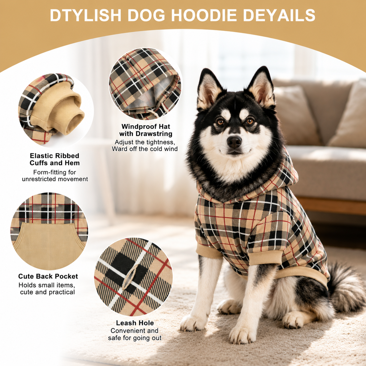 Beige Plaid British Dog Hoodie