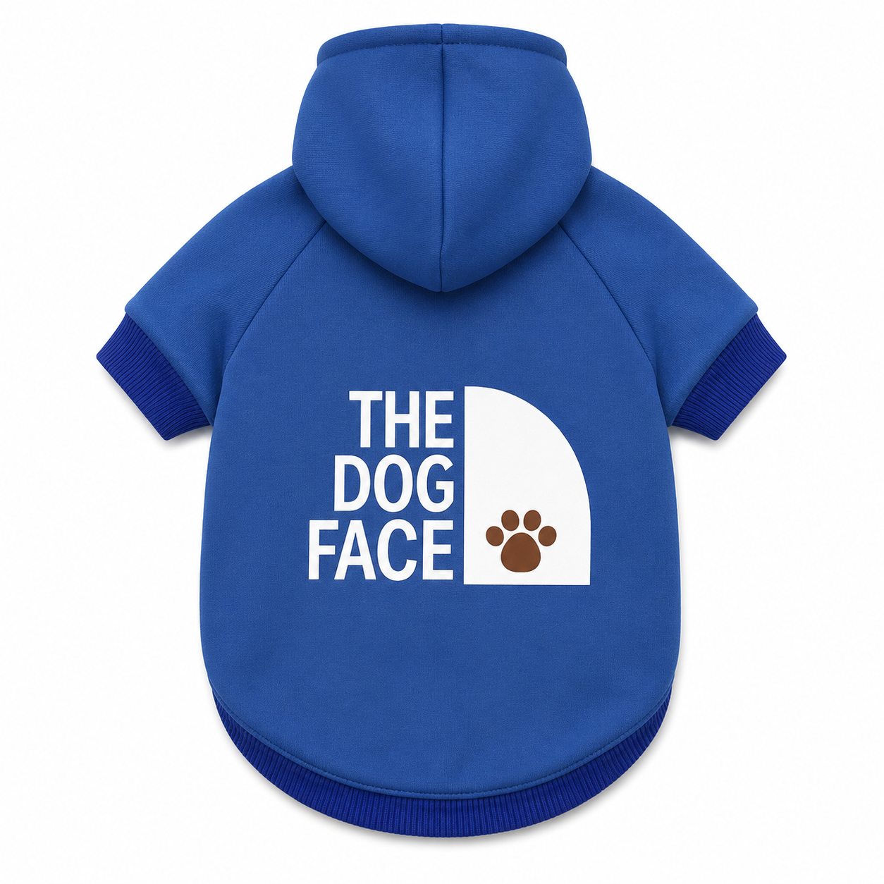 A royal blue dog hoodie shown from the back, featuring the text 'THE DOG FACE' in white next to a white arch graphic and a brown paw print. The hoodie has ribbed cuffs and hem.


