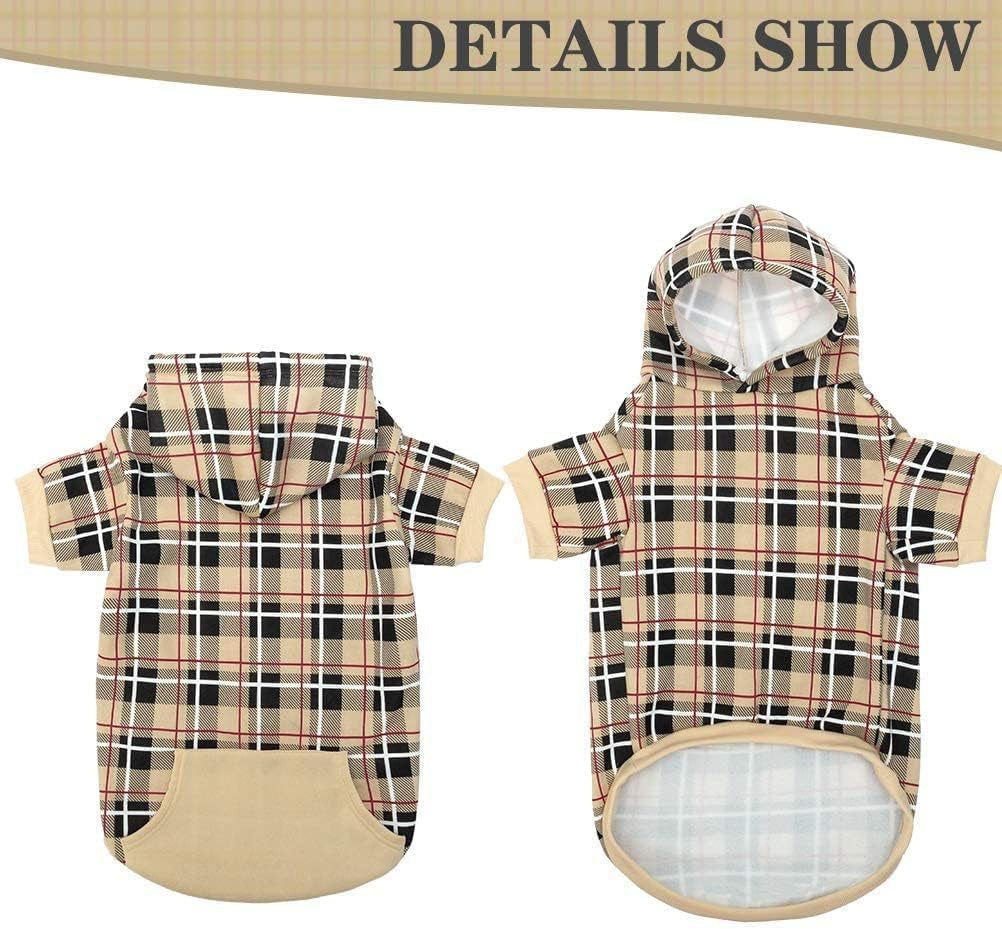 Plaid Dog Hoodie - British Style Warm Dog Sweater Shirt with Leash Hole,Pitbull Clothes Outfits,Winter Coat Apparel for All Breeds Puppy Girl Boy-Cat Apparel,Beige S-Medium
